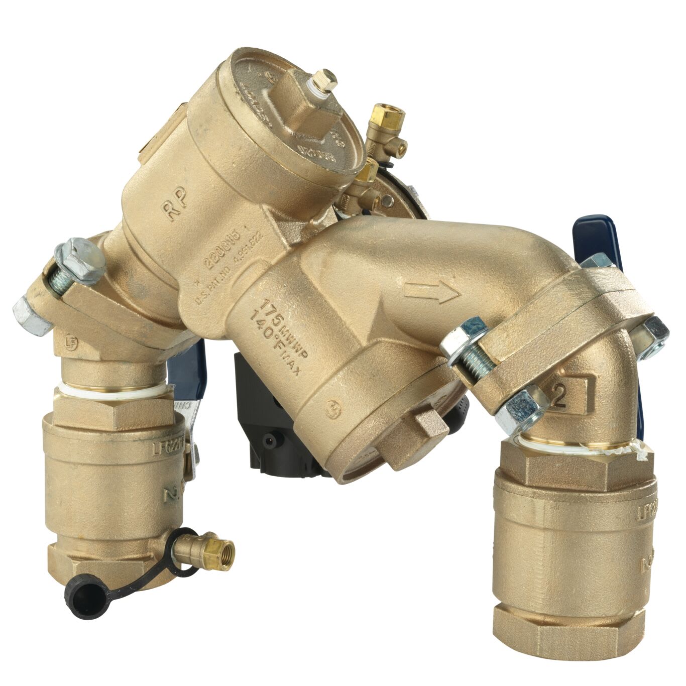 Febco 825YA-QT-FS Reduced Pressure Zone Assembly Backflow Preventer N-Pattern Angle Union Connections Quarter Turn Shutoff w/ Flood Sensor Contains Lead Bronze 1-1/2" | F825GYA
