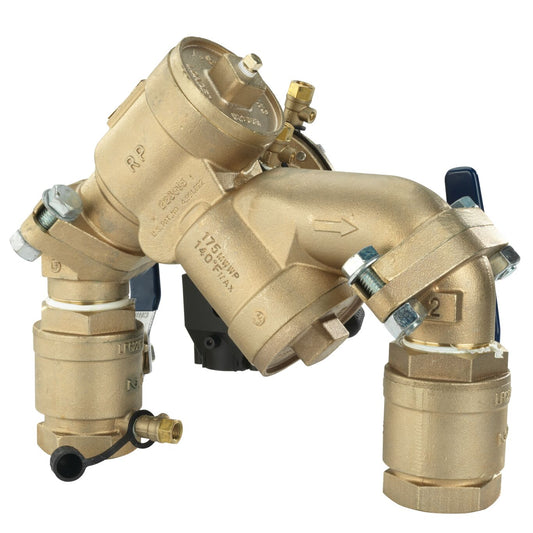 Febco 825YA-QT-FS Reduced Pressure Zone Assembly Backflow Preventer N-Pattern Angle Union Connections Quarter Turn Shutoff w/ Flood Sensor Contains Lead Bronze 1-1/2" | F825GYA
