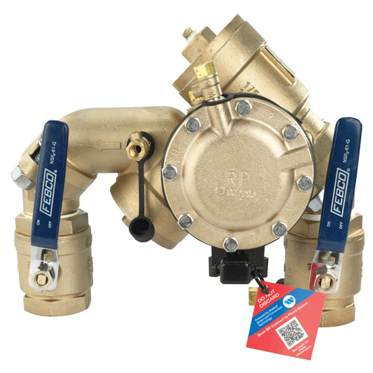 Febco 825YA-QT-FS Reduced Pressure Zone Assembly Backflow Preventer N-Pattern Angle Union Connections Quarter Turn Shutoff w/ Flood Sensor Contains Lead Bronze 2" | F825HYA